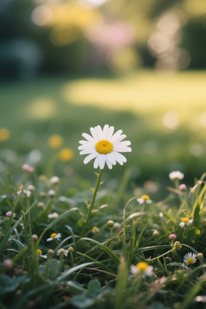 White daisies blooming in the grassの素材