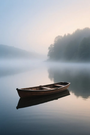 Small boats on the lake and morning mist landscapeの素材