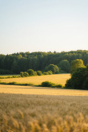 Field wheat fields and distant forest sceneryの素材