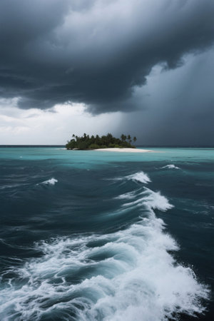 Tropical island landscape under dark clouds at seaの素材
