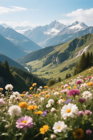 Panoramic view of the natural scenery of the mountain flower seaの素材