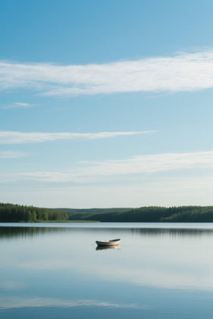 A small boat floating alone on the lakeの素材