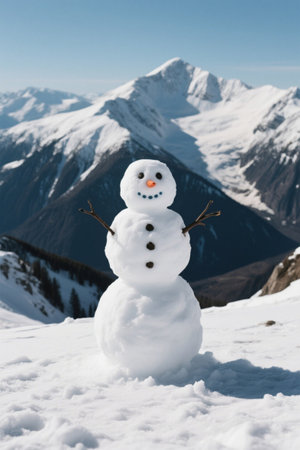 Snowman landscape in front of the snow mountainの素材