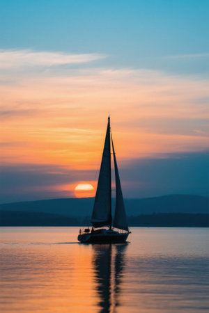 Sailboat sailing on the sea at sunsetの素材