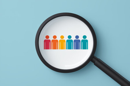 Colored character icons under a magnifying glassの素材