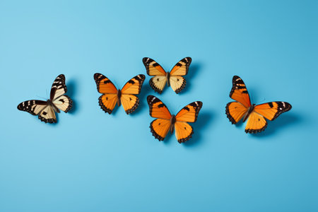 Colorful butterflies on blue backgroundの素材