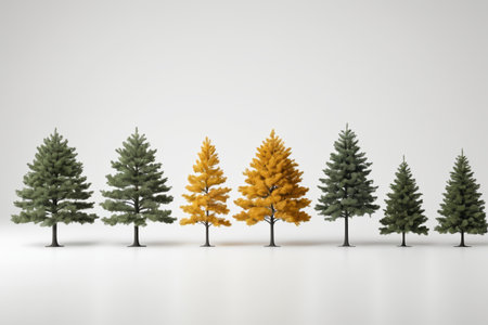 Multiple trees of different colors arranged for displayの素材