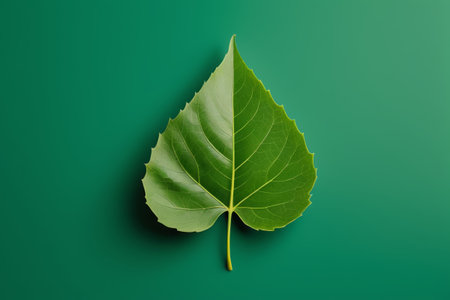 Single green leaf material on a green backgroundの素材