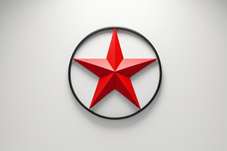 Red solid five-pointed star within a circular borderの素材