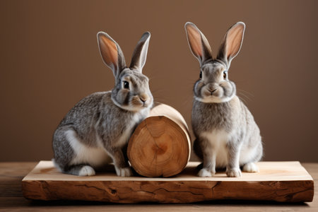 Two gray-haired rabbits sit against a wooden sectionの素材