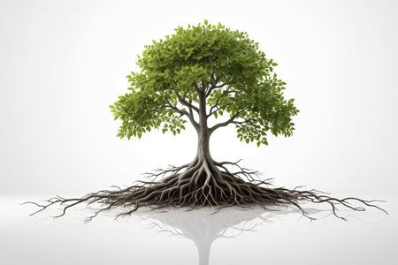 Close-up of a single green tree and its root systemの素材