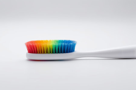 Close-up of a toothbrush with colored bristlesの素材