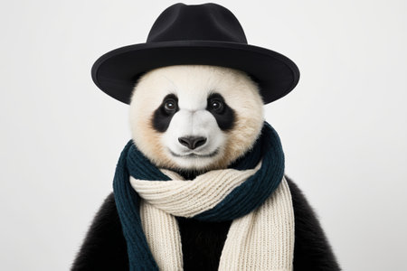 Portrait of a panda wearing a hat and scarfの素材