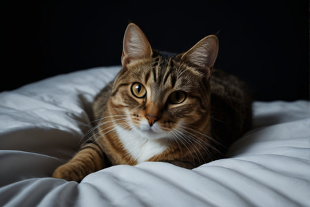 Striped cat lying on a white bedの素材