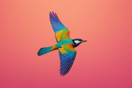 Colorful birds spread their wings and flyの素材