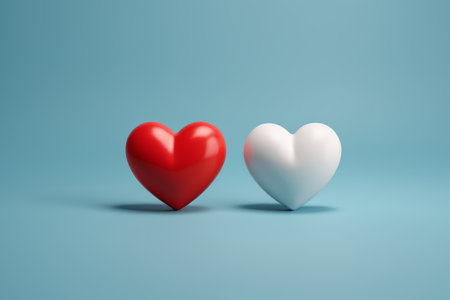 Close-up of red and blue heart-shaped ornamentsの素材