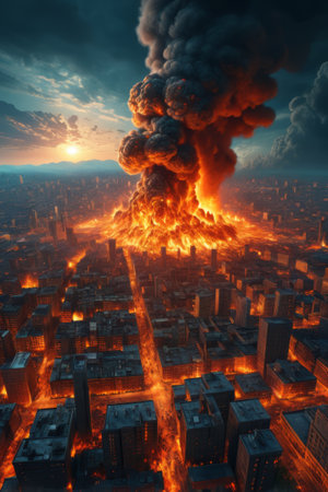 Volcanic eruption scene in the cityの素材