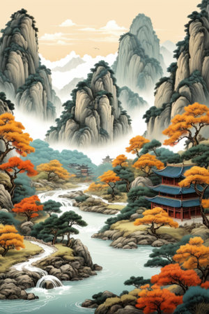 Chinese landscape landscape ancient building picturesの素材