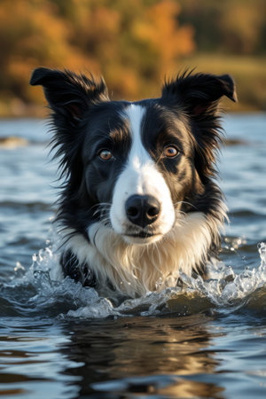 Black and white border shepherd dog swimming by the waterの素材
