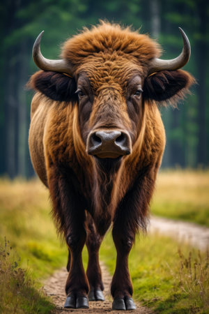 Close-up of a brown bison in the wildの素材