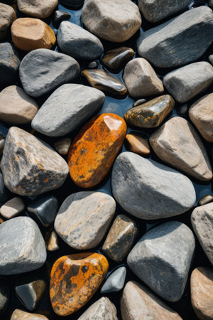 Pebbles of various shapes in the waterの素材