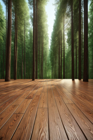 A scene of lush forest in front of a wooden floorの素材