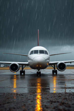 Front view of a passenger plane at a rainy airportの素材