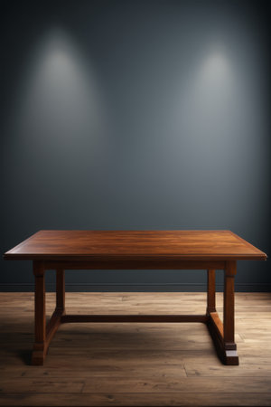 Wooden table on dark backgroundの素材
