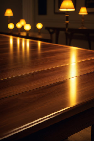 Indoor wooden long table and warm table lamp sceneの素材