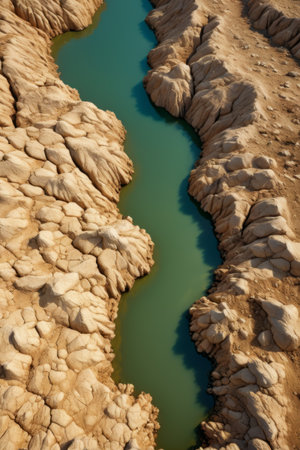 Aerial view of the river valley rocks and green waterの素材