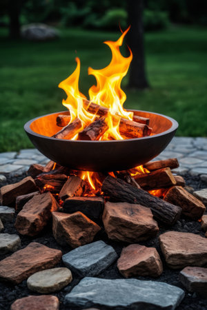 Campfire scene in outdoor courtyardの素材