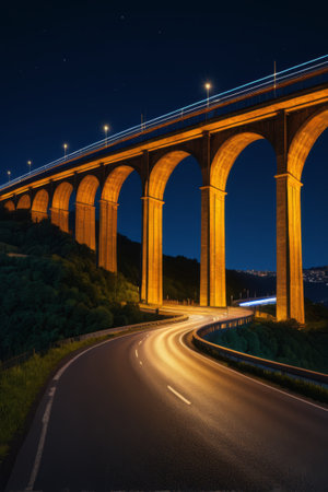 Arched viaduct next to the highway at nightの素材
