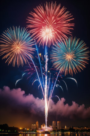 Brilliant fireworks blooming in the night skyの素材