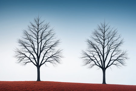 Two bare trees on red soilの素材
