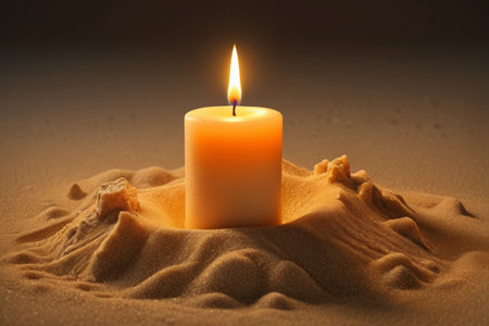 Close-up of a candle lit in the sandの素材