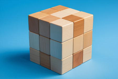 Wooden cube material with blue backgroundの素材