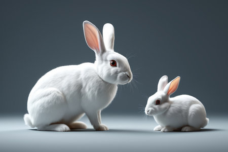 Two white rabbits sitting opposite each otherの素材