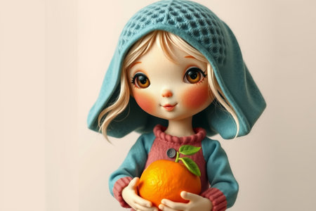 Cute doll girl holding an orangeの素材
