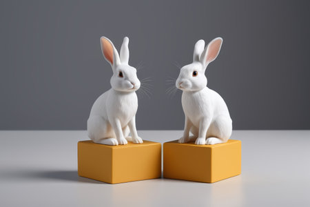 Two white rabbits sitting on a yellow squareの素材
