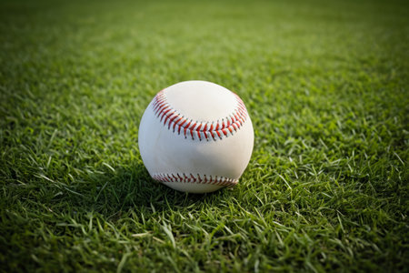 Close-up of baseball on the grassの素材