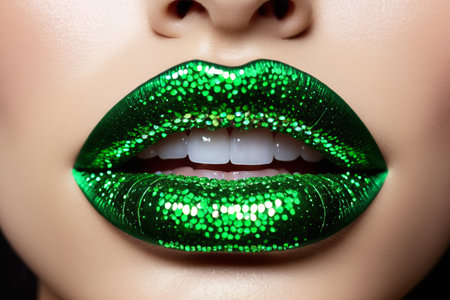 Close up of green shiny lips of womenの素材