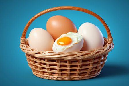 Close-up of eggs in a basket and fried eggsの素材