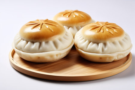 Three Chinese buns on a wooden plateの素材