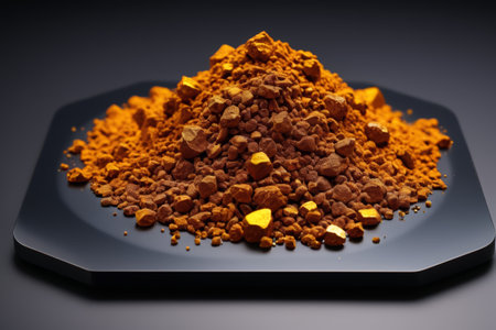 Yellow spice pile on a black trayの素材