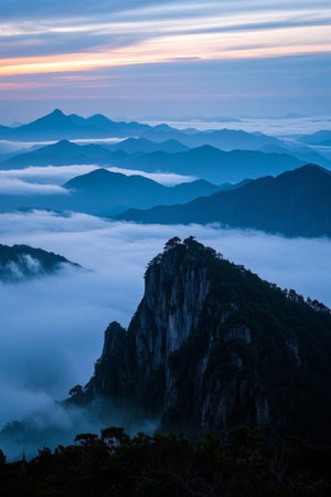 Natural scenery of mountains, clouds and seaの素材
