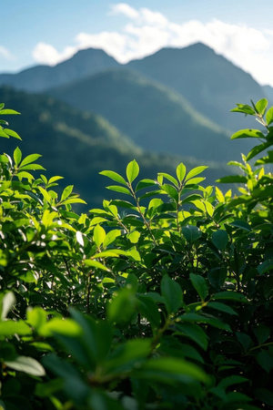 Green leaves in the mountains and distant mountain sceneryの素材