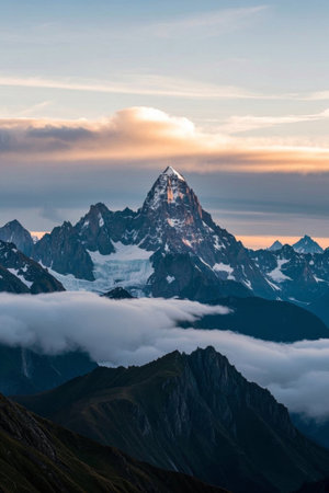 Magnificent natural scenery of snow-capped mountains and sea of cloudsの素材