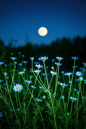 Blue daisies blooming under the moonlit nightの素材