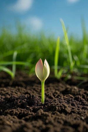 Young green plant seedlings emerging from the soilの素材