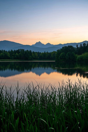 Lake and mountain dusk natural landscapeの素材